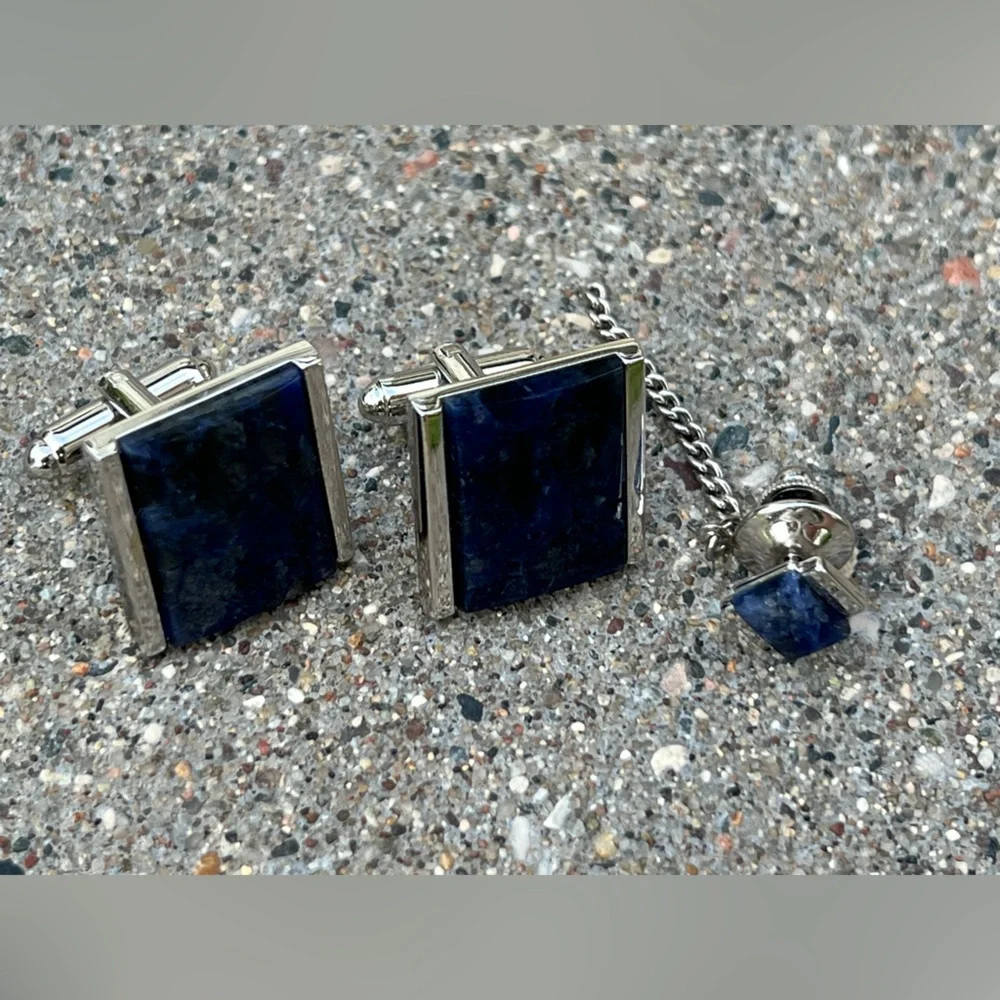 🔹Vintage Set of Genuine Sodalite Cufflinks & Matching Tie Tack — Blue / Silver